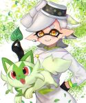  1girl black_gloves coat color_connection company_connection cross-shaped_pupils crossover earrings fangs gloves gradient_hair grey_hair grin hand_up highres holding holding_leaf jewelry leaf light_green_hair marie_(splatoon) mole mole_under_eye multicolored_hair nintendo oniku_(onikuoekaki) pointy_ears pokemon pokemon_(creature) short_hair smile splatoon_(series) splatoon_3 sprigatito suction_cups tentacle_hair two-tone_hair white_coat yellow_eyes 