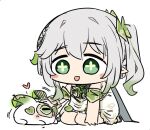  1girl :d bangs blush_stickers bracelet braid character_request chibi detached_sleeves dress genshin_impact gradient_hair green_eyes grey_hair hair_between_eyes hair_ornament headpat jewelry long_hair multicolored_hair nahida_(genshin_impact) pointy_ears rabbit sesield short_sleeves side_ponytail sidelocks simple_background single_braid sitting sketch smile solo symbol-shaped_pupils wariza white_background white_dress 