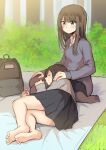  2girls backpack backpack_removed bag barefoot betock black_hair blanket blue_eyes blush brown_hair closed_eyes highres lap_pillow long_hair lying miniskirt multiple_girls on_side original outdoors pantyhose pleated_skirt school_uniform short_hair sitting skirt smile soles sweater yuri 