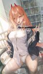  1girl black_necktie black_suit can chainsaw_man clothes_grab collared_shirt commentary_request cross-shaped_pupils cup demon_horns drink_can highres horns jacket long_hair maeshima_shigeki necktie necktie_grab neckwear_grab on_table open_clothes open_jacket orange_hair panties power_(chainsaw_man) red_eyes red_horns sharp_teeth shirt sitting sitting_on_table soda_can solo spread_legs suit symbol-shaped_pupils table teeth thighs tongue tongue_out underwear vending_machine white_panties white_shirt 