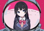  1girl 1other absurdres astronaut bangs black_hair blazer bow bowtie braid commentary_request cutterinkparis hair_ornament hairband hairclip head_tilt highres jacket long_hair nijisanji pink_hairband red_background red_bow red_bowtie reflection school_uniform shirt smile space_helmet tsukino_mito virtual_youtuber 