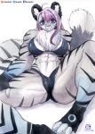  absurd_res anthro athletic athletic_female breasts chest_tuft clothed clothing female fur hi_res mammal murazaki solo spread_legs spreading striped_body striped_fur stripes tuft 