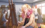  3girls blonde_hair blurry blurry_background brown_eyes brown_hair bust_(sculpture) cardigan closed_eyes colorful_palette easel game_cg gradient_hair grey_skirt highres little_bravers!_(project_sekai) long_hair looking_at_another multicolored_hair multiple_girls neckerchief official_art pink_hair pleated_skirt project_sekai red_neckerchief sailor_collar shelf sitting sketchbook skirt sleeping solo_focus stool tenma_saki third-party_source u_u white_sailor_collar yellow_cardigan 