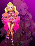  1girl black_boots black_gloves blonde_hair bodysuit boots breasts clothes_lift corruption cure_flora dark_persona earrings empty_eyes erection eyeshadow futanari gloves go!_princess_precure green_eyes haruno_haruka highres jewelry large_breasts latex latex_bodysuit long_hair looking_at_viewer magical_girl makeup multicolored_hair nipple_sleeves nipples open_mouth penis pink_hair pink_skirt precure purple_background red_lips skirt skirt_lift smile solo streaked_hair two-tone_hair wabuki_(ochigan) 