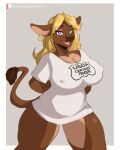  anthro artist_name big_breasts blonde_hair bottomless bovid bovine breasts brown_body brown_fur brown_nose cattle clothed clothing digital_media_(artwork) ear_tag english_text eyelashes female fur hair hands_behind_back huge_breasts kida_howlette lipstick long_hair looking_at_viewer makeup mammal nipple_outline nipples open_mouth open_smile piercing purple_eyes shirt simple_background smile smiling_at_viewer solo tail_tuft tan_body tan_fur teeth text text_on_clothing text_on_shirt text_on_topwear thick_thighs tongue topwear tuft white_clothing white_shirt white_topwear 