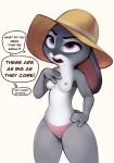  2022 anthro black_body black_fur breasts clothed clothing disney english_text eyebrows female fingers fur grey_body grey_fur hand_on_hip hat headgear headwear hi_res judy_hopps lagomorph leporid long_ears mammal multicolored_body multicolored_fur nipples open_mouth panties portrait purple_eyes qupostuv35 rabbit simple_background small_breasts solo speech_bubble standing text thick_thighs three-quarter_portrait topless underwear white_background white_body white_fur wide_hips zootopia 