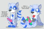  anthro blue_body blue_fur dialogue disembodied_hand fur genitals grey_pawpads handjob hi_res knot male mammal pawpads penile penis procyonid raccoon reznoo sex shawn_(reznoo) sitting solo white_body white_eyes white_fur 