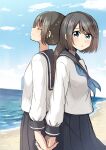  2girls back-to-back beach betock black_hair blue_eyes blush bob_cut highres holding_hands long_hair looking_at_viewer miniskirt multiple_girls ocean original outdoors pleated_skirt ponytail school_uniform serafuku short_hair skirt smile yuri 