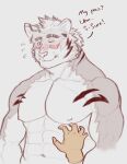  anthro arutilust_ai blush duo embarrassed felid hi_res human lifewonders live-a-hero male mammal muscular muscular_anthro muscular_male nipples pantherine pecs rexer shirtless tiger video_games 