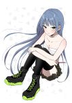  1girl absurdres bare_shoulders black_boots black_skirt black_thighhighs blue_hair bone_hair_ornament boots breasts cleavage green_eyes hair_ornament highres hugging_own_legs knees_up momoji_(momoemomoe204) original sitting skirt small_breasts solo stitched_arm stitched_neck stitches thighhighs white_background 
