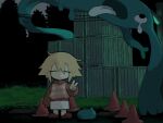 blonde_hair box brown_shoes closed_eyes long_sleeves night regurusu_(nagarevosi) shoes skirt traffic_cone urotsuki v white_skirt yume_2kki 