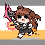  1girl :d ahoge assault_lily black_cape black_gloves black_scrunchie black_skirt blush brown_hair brown_shoes buttons cape chibi commentary dual_wielding fingerless_gloves full_body gloves hair_ornament hair_scrunchie hand_up heart heart_ahoge highres holding holding_weapon konpeitoull_(c12h22o11_tr_6) leg_up letterboxed long_hair long_sleeves looking_ahead looking_up miniskirt one_side_up open_mouth orange_background orange_cape outside_border puff_of_air running school_uniform scrunchie shirt shoes skirt smile solid_circle_pupils solo takasuga_tsukushi thighhighs two-sided_cape two-sided_fabric two-tone_background underbust v-shaped_eyebrows very_long_hair weapon white_shirt white_thighhighs yurigaoka_girls_academy_school_uniform 