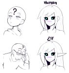  1boy 1girl ? absurdres adjusting_eyewear black_sclera blush closed_mouth colored_sclera elf english_text glasses green_eyes highres looking_at_another makarimorph monochrome original pointy_ears simple_background smile sweater white_background 
