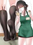  1girl apron bangs black_hair black_skirt black_socks breasts can collared_shirt commentary_request cowboy_shot feet food foot_focus green_apron hair_between_eyes highres holding holding_can jitome kneehighs kneepits legs long_hair long_sleeves looking_at_viewer lower_body mask mole mole_under_eye mouth_mask multiple_views no_shoes oouso original pocky pocky_day ponytail shirt sidelocks skirt socks soles standing standing_on_one_leg toes translated white_shirt yellow_eyes 
