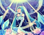  1girl absurdres aqua_eyes aqua_hair arm_up cloud crystal dress flower frilled_dress frills gold_tiara hair_between_eyes hair_ornament hatsune_miku highres ikari_(aor3507) long_hair long_sleeves musical_note musical_note_hair_ornament night night_sky official_alternate_costume official_alternate_hairstyle open_mouth pink_flower princess puffy_long_sleeves puffy_sleeves sky smile solo strapless strapless_dress twintails very_long_hair vocaloid white_dress yuki_miku yuki_miku_(2019) 