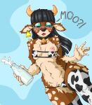 2025 animal_print animal_print_bikini animal_print_thigh_highs anthro bell bell_collar bikini black_hair blue_eyes blush blush_lines bottle breasts brown_body brown_fur cervine chest_tuft clothed clothing collar container cow_print cow_print_bikini cow_print_bra cow_print_legwear cow_print_panties cow_print_thigh_highs cowbell cowbell_collar dairy_products deer digital_drawing_(artwork) digital_media_(artwork) ear_piercing ear_tag fake_horns female food front_view fur hair hi_res horn inverted_nipples legwear looking_down looking_down_at_self mammal milk milk_bottle milk_container multicolored_body multicolored_fur navel neckwear nipple_outline nipple_slip nipples open_mouth pattern_bikini pattern_clothing pattern_legwear pattern_swimwear pattern_thigh_highs piercing roodyyelen simple_background small_breasts solo surprised swimwear text thick_thighs thigh_highs tuft two-piece_swimsuit two_tone_body two_tone_fur wardrobe_malfunction wide_hips