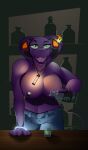  abstract_background alcohol anthro arbok bar beverage big_breasts bottomwear breasts casual_exposure clothed clothing denim denim_bottomwear denim_clothing female front_view generation_1_pokemon glowstick glowstick_bracelet hi_res jeans kaspersa looking_at_viewer nintendo pants piercing pokemon pokemon_(species) solo thick_thighs topless 