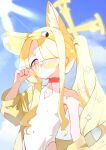  1girl above-cleavage_cutout absurdres adjusting_eyewear animal_ear_fluff animal_ears bare_shoulders blonde_hair blue_archive blue_sky breasts bright_pupils caffeinesonsari closed_mouth clothing_cutout cloud collarbone commentary covered_navel cross_halo day diamond_cutout english_commentary forehead fox_ears fox_girl hair_ornament hair_over_one_eye halo hand_on_eyewear hat hat_ornament highleg highleg_one-piece_swimsuit highres jacket lens_flare long_hair long_sidelocks looking_at_viewer off_shoulder official_alternate_costume official_alternate_hairstyle one-piece_swimsuit open_clothes open_jacket pink_eyes seia_(blue_archive) seia_(swimsuit)_(blue_archive) side_ponytail sidelocks sky slit_pupils small_breasts solo star_(symbol) star_hair_ornament sunglasses sunlight swimsuit tinted_eyewear upper_body visor_cap white_one-piece_swimsuit white_pupils yellow-tinted_eyewear yellow_halo yellow_hat yellow_jacket yellow_visor 
