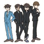  4boys :d :o black_hair black_jacket black_pants black_shoes blue_eyes blue_jacket blue_pants brown_hair character_request collared_shirt dark-skinned_male dark_skin green_necktie grey_background hands_in_pockets hattori_heiji highres hisin_di_fushang jacket kudou_shin&#039;ichi kuroba_kaito meitantei_conan multiple_boys necktie pants shirt shoes simple_background smile white_shirt 