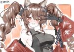  1girl :d angelina_(arknights) animal_ear_fluff animal_ears arknights arknights:_endfield arm_up armpits artist_name bare_shoulders black_gloves blush breasts brown_eyes brown_hair coat fox_ears gilberta_(arknights) gloves grin impossible_clothes infection_monitor_(arknights) large_breasts long_hair looking_at_viewer luhuaic off_shoulder open_clothes open_coat orange_background parted_lips red_coat sidelocks smile solo twintails two-tone_background upper_body v 
