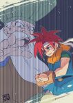  absurdres beard belt black_belt blue_eyes blue_tunic chancellor_(chrono_trigger) chrono_trigger crono_(chrono_trigger) facial_hair furrowed_brow green_hat green_shirt hairband hat highres neckerchief old old_man orange_neckerchief outstretched_hand panties red_hair restrained sharp_teeth shikiwo shirt shouting sign stocks sweatdrop teeth tunic underwear upper_body white_hair white_hairband white_panties 