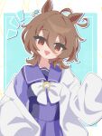  1girl :&gt; agnes_tachyon_(umamusume) animal_ears anzen_robo_(474zz) bow bowtie brown_hair earrings hair_between_eyes horse_ears horse_girl horseshoe_ornament jewelry lab_coat lapels looking_at_viewer medium_hair messy_hair off_shoulder open_mouth pleated_skirt purple_sailor_collar purple_shirt purple_skirt red_eyes sailor_collar school_uniform serafuku shirt signature single_earring skirt sleeves_past_fingers sleeves_past_wrists solo tracen_school_uniform triangle_mouth umamusume upper_body very_long_sleeves white_bow white_bowtie winter_uniform 