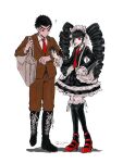  1_3d4 1boy 1girl ? bag black_boots black_jacket black_skirt black_thighhighs boots brown_jacket brown_pants celestia_ludenberg collared_shirt danganronpa:_trigger_happy_havoc danganronpa_(series) earrings frills highres holding ishimaru_kiyotaka jacket jewelry knee_boots layered_skirt long_sleeves necktie pants red_eyes red_necktie red_shoes shirt shoes short_hair shoulder_bag simple_background skirt thighhighs white_background white_shirt zettai_ryouiki 