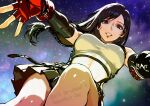  1girl absurdres black_bra black_gloves black_hair black_skirt bra breasts crop_top earrings elbow_gloves elbow_pads final_fantasy final_fantasy_vii final_fantasy_vii_rebirth final_fantasy_vii_remake fingerless_gloves from_below gloves hair_tie highres jewelry long_hair low-tied_long_hair medium_breasts midriff miniskirt oeilvert_fft outstretched_arms parted_lips pleated_skirt red_eyes red_gloves shirt single_elbow_pad skirt sky sleeveless sleeveless_shirt smile solo sports_bra star_(sky) starry_sky suspenders swept_bangs tifa_lockhart underwear upper_body white_shirt 