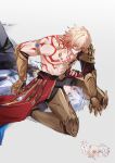  2boys abs absurdres antenna_hair arm_tattoo armlet armor armored_boots black_coat black_pants black_shirt blonde_hair blue_eyes boots braid chest_tattoo clawed_gauntlets coat earrings facial_tattoo gold_earrings gold_necklace gradient_hair hair_between_eyes head_between_thighs highres honkai:_star_rail honkai_(series) jewelry male_focus medium_hair multicolored_hair multiple_boys mydei_(honkai:_star_rail) necklace open_clothes open_coat pants parted_bangs pauldrons phainon_(honkai:_star_rail) red_hair red_tattoo shirt short_hair shoulder_armor side_braid single_pauldron tattoo toned toned_male white_background white_coat white_hair xiran_727 yaoi yellow_eyes 