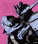  absurdres commentary gundam gundam_tekketsu_no_orphans gundam_vidar highres insignia mecha mecha_focus mobile_suit no_humans pink_background pink_eyes robot science_fiction solo upper_body v-fin voxiela 