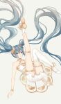  1girl aqua_eyes aqua_hair asymmetrical_legwear ballerina ballet_slippers bare_shoulders blush clear_regulus dress gold_thighlet gramophone_miku hair_between_eyes hair_ornament hatsune_miku leg_up long_hair miku_symphony_(vocaloid) official_alternate_costume official_alternate_hairstyle open_mouth solo thighhighs twintails very_long_hair vocaloid white_thighhighs 