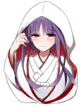  1girl arm_up asagami_fujino bangs blush eyebrows_hidden_by_hair fate/grand_order fate_(series) japanese_clothes kara_no_kyoukai kimono long_hair looking_at_viewer ohitashi_netsurou purple_hair red_eyes shiromuku simple_background smile solo uchikake upper_body white_background 