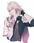  1boy abs arm_tattoo armlet armor black_coat blonde_hair braid chest_tattoo clawed_gauntlets closed_eyes coat commentary_request earrings facial_tattoo gold_earrings gold_necklace gradient_hair hair_between_eyes honkai:_star_rail honkai_(series) jewelry male_focus medium_hair multicolored_hair mydei_(honkai:_star_rail) necklace open_clothes open_coat pauldrons red_hair red_tattoo shoulder_armor side_braid simple_background single_pauldron solo tattoo toned toned_male white_background yano_kaku02 