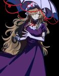  1girl ame_iru black_background blonde_hair breasts choker closed_mouth dress elbow_gloves frills gloves hand_up hat highres holding holding_umbrella large_breasts light_smile long_hair mob_cap one_eye_covered purple_dress ribbon_choker short_sleeves solo touhou umbrella very_long_hair wavy_hair white_gloves yakumo_yukari yellow_eyes 