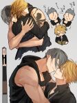 2boys anger_vein arm_tattoo bakshi_christensen bare_shoulders black_jacket black_shirt blonde_hair book chest_belt chibi chibi_inset closed_eyes closed_mouth collared_shirt couple earrings giancarlo_bourbon_del_monte grey_background grey_eyes grey_hair grey_necktie heads_together holding holding_book hood hood_down hooded_jacket hug imminent_kiss jacket jewelry kiss looking_at_another lucky_dog_1 male_focus miyamoyan multiple_boys multiple_views muscular necktie reading shirt short_hair simple_background sleeveless sleeveless_jacket smile spiked_hair tattoo upper_body white_necktie yaoi yellow_eyes 