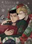  1girl 2boys ao_isami aya942841437606 blonde_hair bravern cellphone commentary_request copyright_request green_eyes green_sweater hat highres lewis_smith lulu_(bang_bravern) merry_christmas mistletoe multiple_boys phone red_sweater reindeer santa_hat smartphone smile snowman sweater yaoi yuuki_bakuhatsu_bang_bravern 