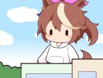  1girl animal_ears blush brown_hair commentary_request day giant giantess gomashio_(goma_feet) hair_ribbon hood hood_down hoodie horse_ears horse_girl horse_tail long_hair multicolored_hair no_mouth outdoors pink_ribbon ribbon solo tail tokai_teio_(umamusume) two-tone_hair umamusume white_hair white_hoodie |_| 