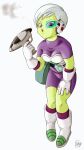  1girl blowing boots breasts cheelai colored_skin dragon_ball dragon_ball_super dragon_ball_super_broly full_body gloves green_skin gun hand_on_leg highres holding holding_gun holding_weapon impossible_clothes impossible_shirt kakeru_(dbskakeru) medium_breasts purple_eyes scouter shirt short_hair signature smoke solo weapon white_footwear white_gloves white_hair 