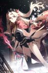  1girl black_leotard blonde_hair breasts cloak earrings ereshkigal_(fate) fate/grand_order fate_(series) feet_out_of_frame flower fur-trimmed_cloak fur_trim hair_ribbon highres holding holding_polearm holding_weapon jewelry leotard long_hair looking_at_viewer medium_breasts meslamtaea_(fate) open_mouth orange_eyes parted_bangs polearm red_cloak ribbon single_thighhigh skull_ornament solo thighhighs tiara two-sided_cloak two-sided_fabric two_side_up weapon xiangbei528 yellow_cloak 