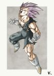  1boy bodysuit boots dragon_ball dragon_ball_super earrings full_body gloves highres jewelry kakeru_(dbskakeru) male_focus muscular muscular_male no_eyebrows official_style open_mouth purple_eyes purple_hair signature single_earring solo toriyama_akira_(style) torn_bodysuit torn_clothes ultra_ego_(dragon_ball) vegeta white_footwear white_gloves 