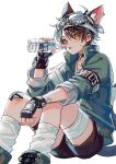  1boy absurdres animal_ear_fluff animal_ears bandaged_leg bandages black_choker black_gloves black_shorts blush boots bottle brown_hair cat_boy cat_ears cat_tail choker collarbone commentary_request feet_out_of_frame fingerless_gloves gloves green_boots green_eyes green_jacket highres holding holding_bottle jacket knees_up lace-up_boots long_sleeves looking_at_viewer male_focus open_clothes open_jacket open_mouth original short_hair shorts simple_background sitting socks solo suzaku_(zaku6584) tail twitter_username water_bottle white_background white_socks 