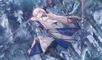  1girl absurdres aesc_(fate) aesc_(savior)_(fate) ahoge armor armored_dress black_gloves blonde_hair blue_eyes blue_hair bow breastplate breasts brown_pantyhose cloak dress fate/grand_order fate_(series) fur-trimmed_cloak fur_trim gloves hair_bow highres long_hair long_sleeves looking_at_viewer medium_breasts multicolored_hair pantyhose ponytail reluvy solo staff thighs two-tone_hair very_long_hair white_cloak white_dress wide_sleeves 