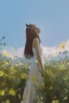  1girl animal_ears bare_shoulders blue_eyes blue_sky bow brown_hair closed_mouth cloud dandelion dress ear_bow ear_ornament ear_ribbon field flower grass_wonder_(umamusume) highres horse_ears horse_girl long_hair looking_up multicolored_hair outdoors sky sleeveless sleeveless_dress smile solo taaakaaaa umamusume white_dress white_hair 