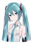  1girl absurdres aqua_hair aqua_necktie closed_mouth collared_shirt detached_sleeves hair_between_eyes hair_ornament hatsune_miku headphones highres long_hair necktie okome_(okome_0627ha) shirt simple_background smile solo twintails upper_body very_long_hair vocaloid white_background white_shirt 