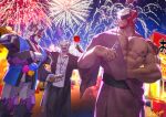  3boys bara black_pants candy_apple chest_hair copyright_request dai-xt danzo_(live_a_hero) digram_(live_a_hero) festival fireworks food helmet japanese_clothes kimono live_a_hero male_focus multiple_boys pants ramune robot ryekie_(live_a_hero) scar scar_on_face shirt smile takoyaki victom_(live_a_hero) water_balloon white_shirt yukata 