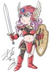  1girl armlet armor asymmetrical_clothes asymmetrical_dual_wielding bikini_armor black_leggings black_shirt blue_eyes blue_gemstone boots chibi choker commentary_request crop_top curly_hair dragon_quest dragon_quest_iii dual_wielding earrings frown gem gloves gold_armlet gold_choker gold_thighlet helmet highres holding holding_shield holding_sword holding_weapon jewelry leggings long_hair looking_to_the_side midriff murakami_yumiko navel official_alternate_costume pauldrons purple_hair red_armor red_boots red_gloves red_helmet shield shirt shoulder_armor signature single_pantsleg single_pauldron single_sleeve solo stud_earrings sword thighlet warrior_(dq3) weapon white_background winged_helmet 