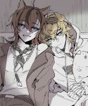  2boys :3 ahoge animal_ears arknights bare_shoulders belt black_belt black_necktie black_streaks blonde_hair blue_eyes blush brown_hair cat_ears closed_mouth collared_shirt dog_boy dog_ears ear_piercing eyewear_on_head frown hair_between_eyes highres hood hood_down hoodie jacket jewelry jtm_arkn looking_at_another looking_at_viewer male_focus multiple_boys necklace necktie open_clothes open_jacket open_mouth own_hands_together pants piercing shirt sitting smile stainless_(arknights) striped_clothes striped_pants stuffed_animal stuffed_toy sunglasses teeth tequila_(arknights) thick_eyebrows vest white_vest 