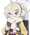  1girl absurdres ahoge argyle_clothes argyle_sweater backpack bag black-framed_eyewear black_bag blonde_hair blue_archive blue_sweater blush brown_sweater earmuffs glasses gloves grin halo hands_up highres holding_strap jacket kotama_(blue_archive) kotama_(camp)_(blue_archive) long_hair long_sleeves multicolored_sweater no_pupils open_clothes open_jacket ponytail puffy_long_sleeves puffy_sleeves purple_eyes purple_halo raikun_nekoneko scarf semi-rimless_eyewear simple_background smile solo sweater under-rim_eyewear upper_body white_background white_gloves white_scarf yellow_jacket 