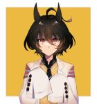  1girl absurdres agnes_tachyon_(umamusume) ahoge animal_ears black_necktie black_shirt blurry brown_hair buttons closed_mouth collared_shirt commentary depth_of_field furutsuka_(mezoshin) hair_between_eyes hand_up highres horse_ears horse_girl lab_coat lapels looking_at_viewer medium_hair necktie partially_shaded_face red_eyes shirt short_necktie sidelocks signature sleeves_past_fingers sleeves_past_wrists solo sweater_vest umamusume upper_body wide_sleeves yellow_sweater_vest 