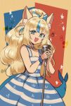  1girl :d ahoge anchor_print anchor_symbol animal_ear_fluff animal_ears artist_name bare_shoulders bead_necklace beads blonde_hair blue_dress blue_eyes blue_scrunchie blue_streaks blunt_bangs cat_ears commentary cowboy_shot dress english_commentary fangs fins fish_girl fish_tail hands_up highres holding holding_microphone indie_virtual_youtuber jewelry long_hair looking_at_viewer microphone microphone_stand multicolored_hair music necklace open_mouth ryuuxin sameko_saba scrunchie singing sitting sleeveless sleeveless_dress smile solo streaked_hair striped_clothes striped_dress striped_scrunchie tail three-toned_background twitter_username two-tone_dress virtual_youtuber white_dress wrist_scrunchie yellow_background 